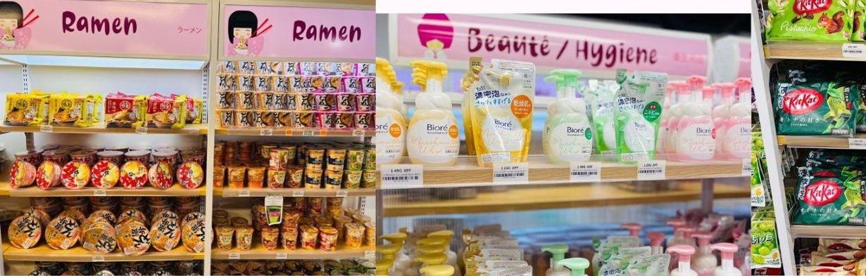 Les rayons de la boutique : ramen, Bioré, Kit Kat